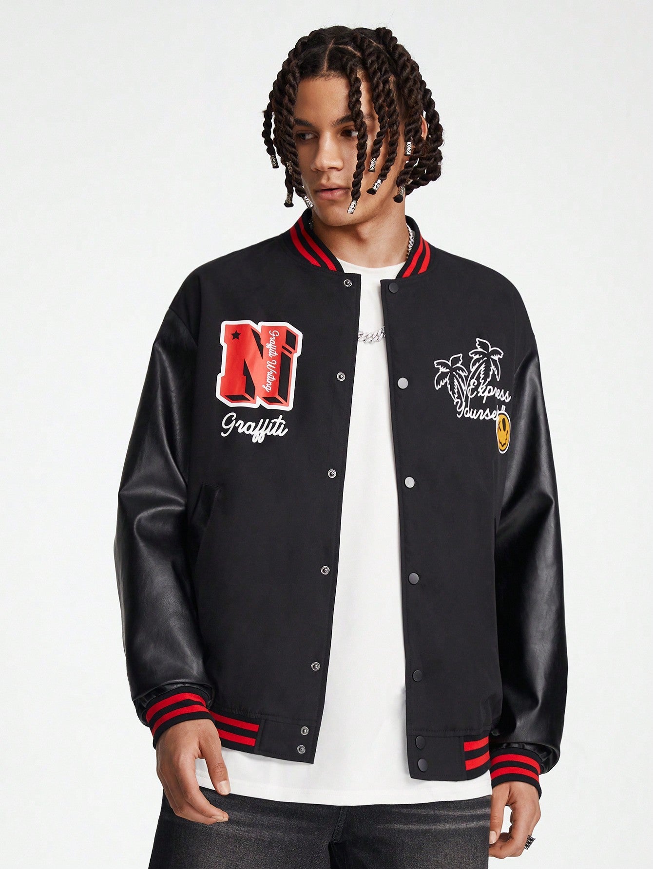 Manfinity VCAY Men's Loose Long Sleeve Woven Jacket, Printed With English Pattern, For Fall Winter