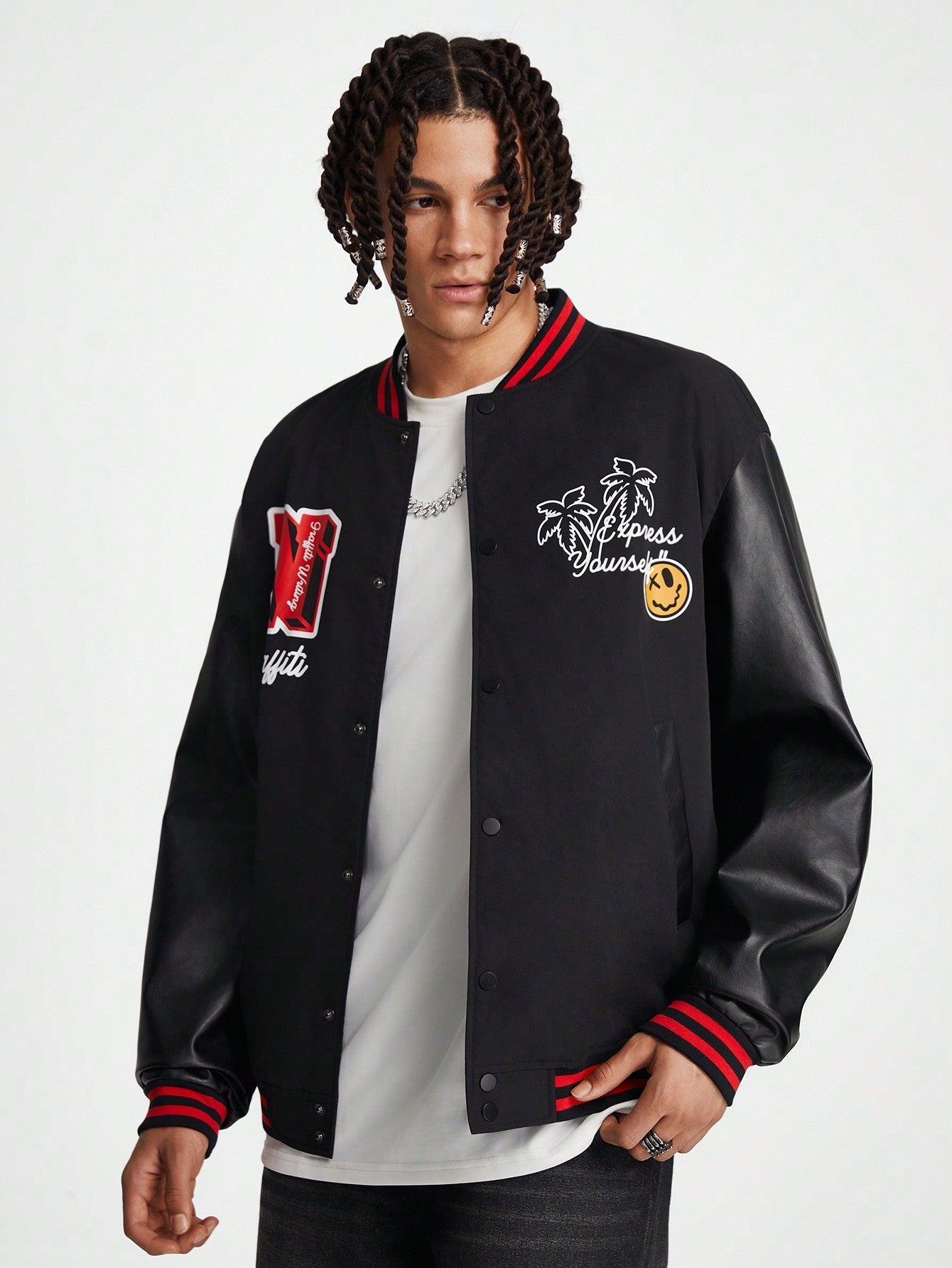 Manfinity VCAY Men's Loose Long Sleeve Woven Jacket, Printed With English Pattern, For Fall Winter