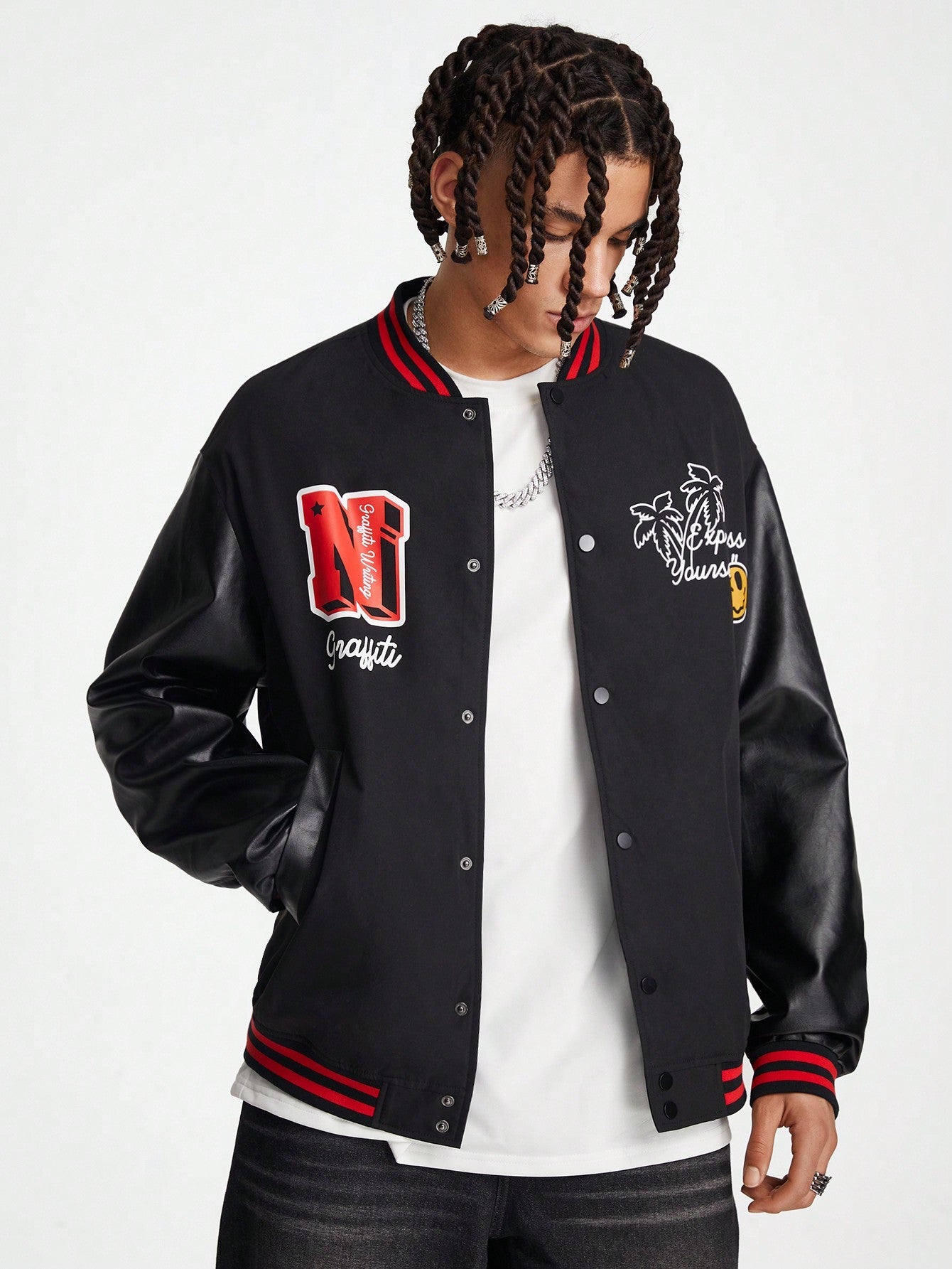Manfinity VCAY Men's Loose Long Sleeve Woven Jacket, Printed With English Pattern, For Fall Winter
