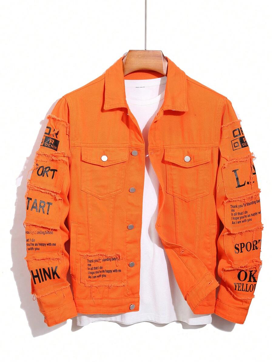 Manfinity Homme Men Cotton Slogan Graphic Flap Pocket Denim Jacket Without Tee, Fall
