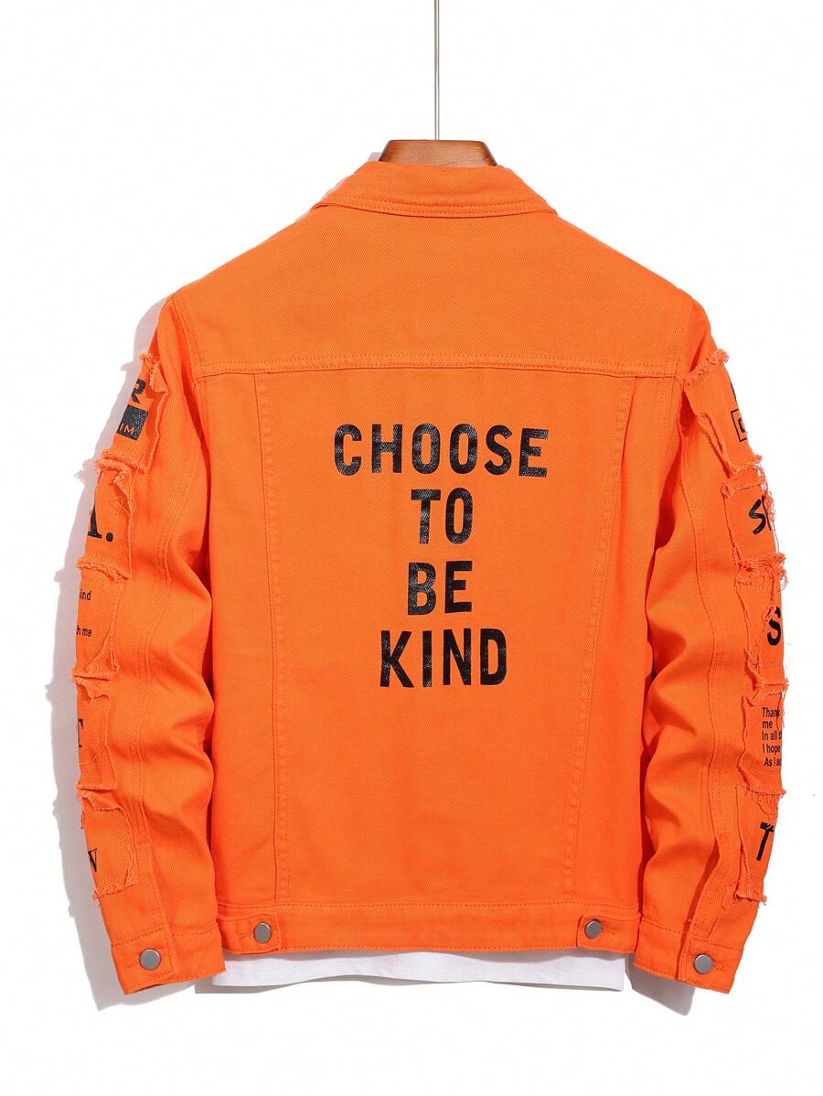 Manfinity Homme Men Cotton Slogan Graphic Flap Pocket Denim Jacket Without Tee, Fall