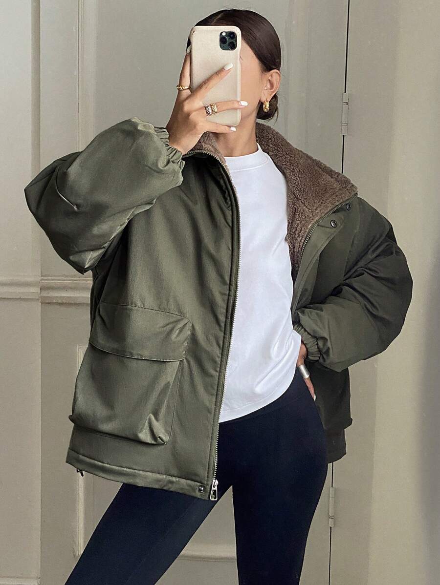 DAZY Solid Color Loose Long Sleeve Pocketed Fleece Women's Padded Coat, Ladies Winter Casual Drawstring, Pocket, Zipper Drop Shoulder Collar Loose Green Plain Women Padded Coats, Winter Warmth/ Winter Fashion ,Winter Women Clothes,Winter Coat Women Jacke