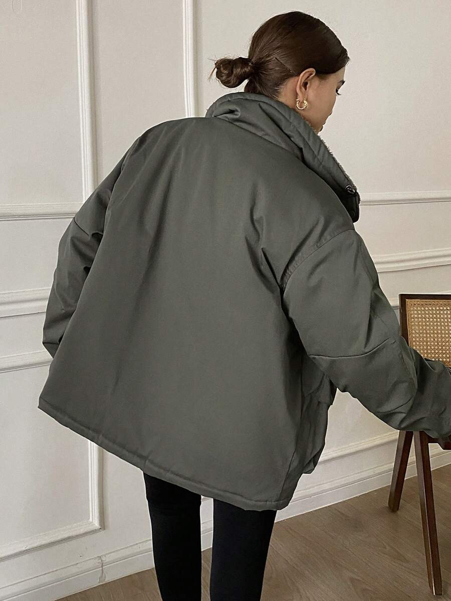 DAZY Solid Color Loose Long Sleeve Pocketed Fleece Women's Padded Coat, Ladies Winter Casual Drawstring, Pocket, Zipper Drop Shoulder Collar Loose Green Plain Women Padded Coats, Winter Warmth/ Winter Fashion ,Winter Women Clothes,Winter Coat Women Jacke