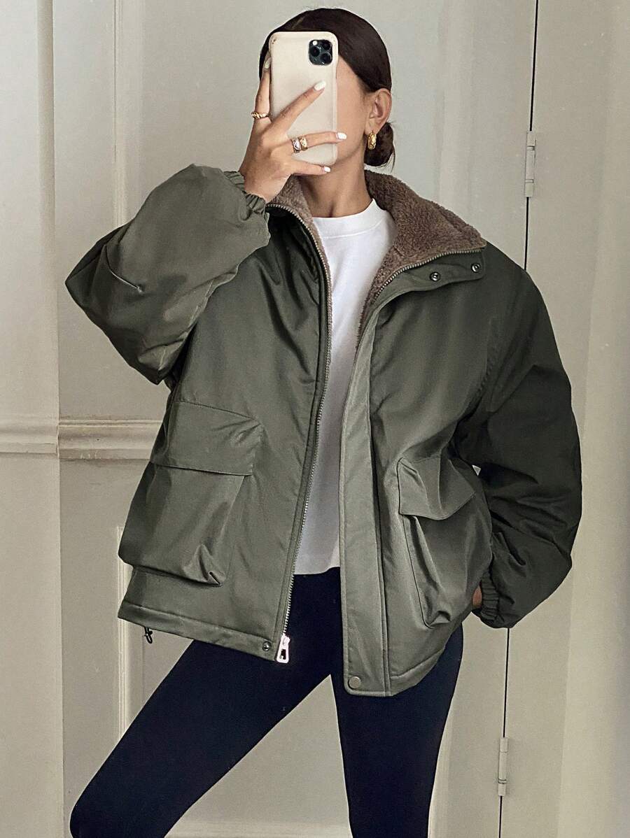 DAZY Solid Color Loose Long Sleeve Pocketed Fleece Women's Padded Coat, Ladies Winter Casual Drawstring, Pocket, Zipper Drop Shoulder Collar Loose Green Plain Women Padded Coats, Winter Warmth/ Winter Fashion ,Winter Women Clothes,Winter Coat Women Jacke
