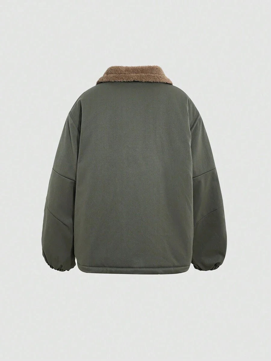 DAZY Solid Color Loose Long Sleeve Pocketed Fleece Women's Padded Coat, Ladies Winter Casual Drawstring, Pocket, Zipper Drop Shoulder Collar Loose Green Plain Women Padded Coats, Winter Warmth/ Winter Fashion ,Winter Women Clothes,Winter Coat Women Jacke