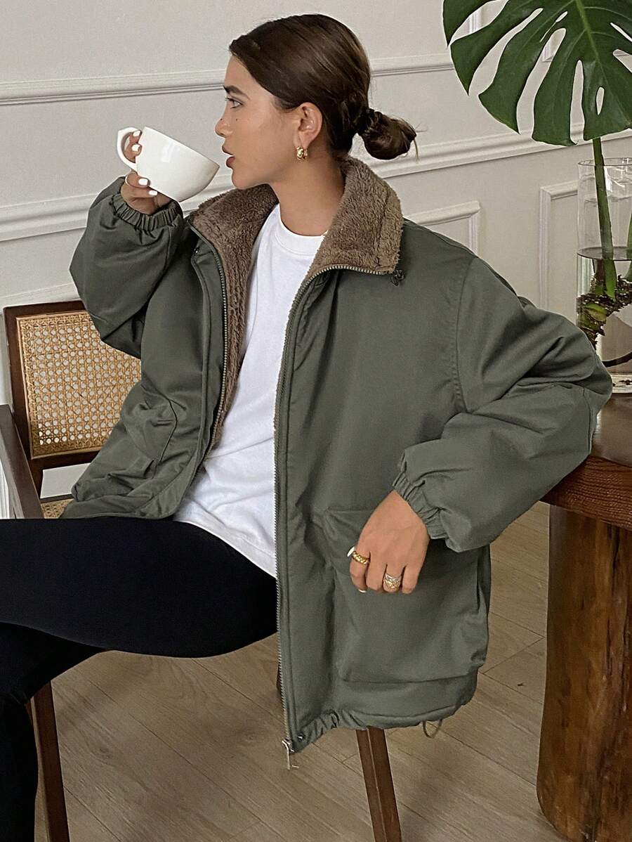 DAZY 1pc Women Solid Color Loose Fit Long Sleeve Pocket Fleece Casual Jacket, Winter Women Clothes, Winter Coat Women