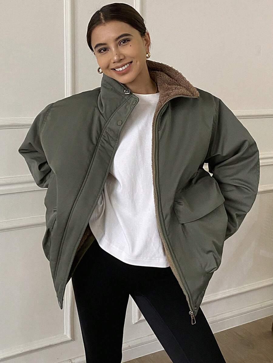 DAZY 1pc Women Solid Color Loose Fit Long Sleeve Pocket Fleece Casual Jacket, Winter Women Clothes, Winter Coat Women