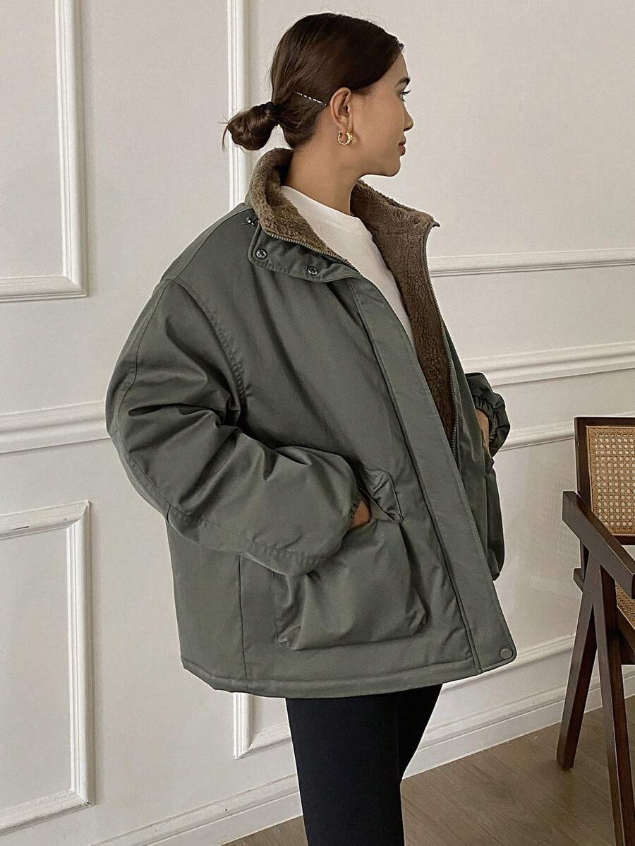 DAZY 1pc Women Solid Color Loose Fit Long Sleeve Pocket Fleece Casual Jacket, Winter Women Clothes, Winter Coat Women