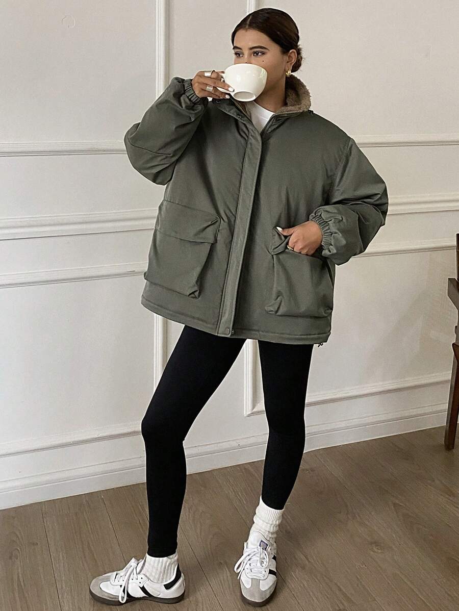 DAZY 1pc Women Solid Color Loose Fit Long Sleeve Pocket Fleece Casual Jacket, Winter Women Clothes, Winter Coat Women