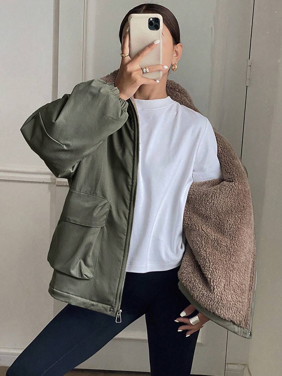 DAZY 1pc Women Solid Color Loose Fit Long Sleeve Pocket Fleece Casual Jacket, Winter Women Clothes, Winter Coat Women