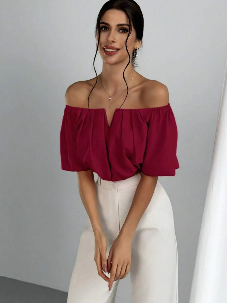 Aloruh Solid Color V-Neck Off Shoulder Casual Top