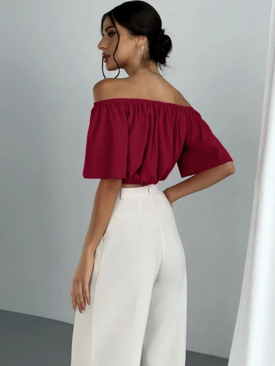 Aloruh Solid Color V-Neck Off Shoulder Casual Top