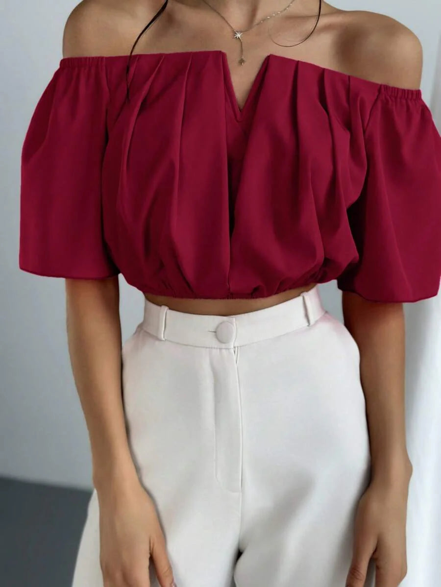 Aloruh Solid Color V-Neck Off Shoulder Casual Top