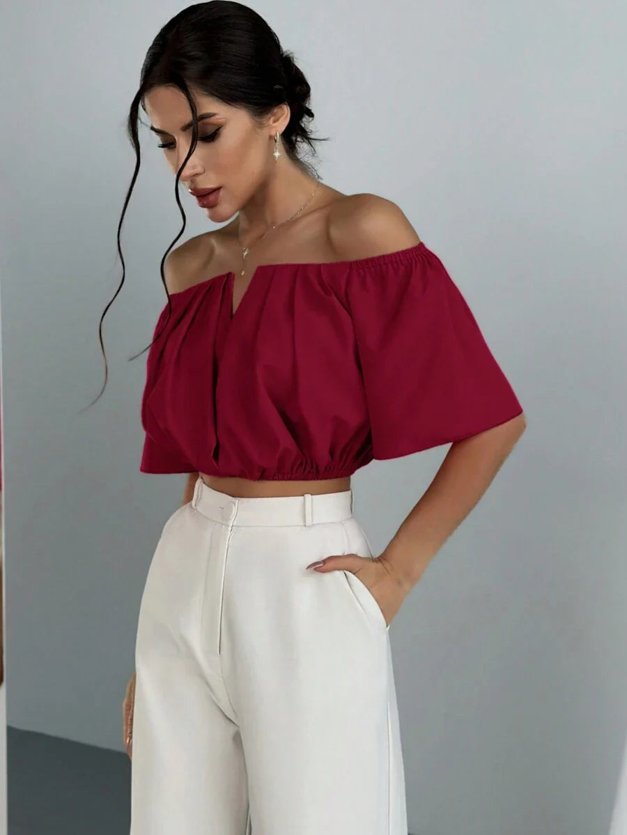 Aloruh Solid Color V-Neck Off Shoulder Casual Top