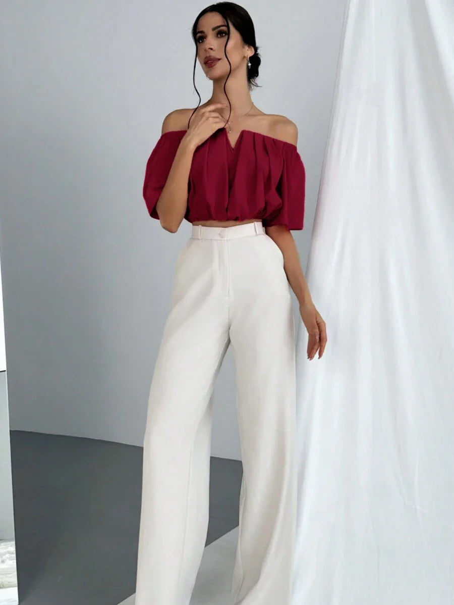 Aloruh Solid Color V-Neck Off Shoulder Casual Top