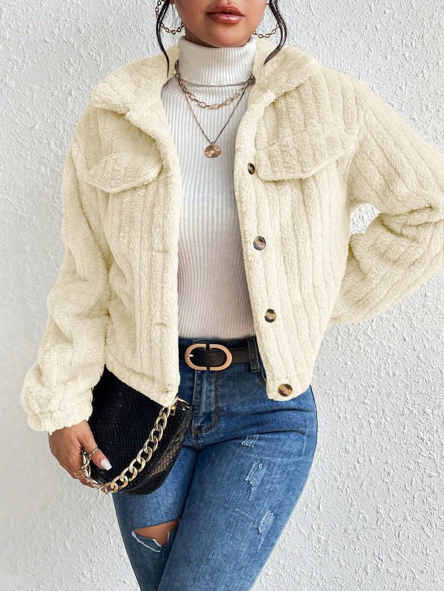 EMERY ROSE Flap Detail Fluffy Jacket Fall Winter Cloth For Women