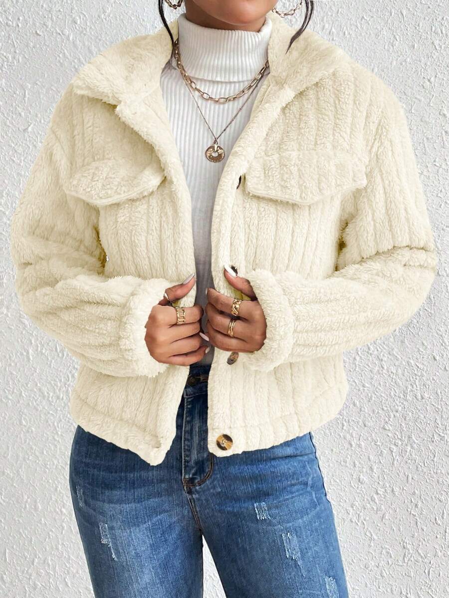 EMERY ROSE Flap Detail Fluffy Jacket Fall Winter Cloth For Women