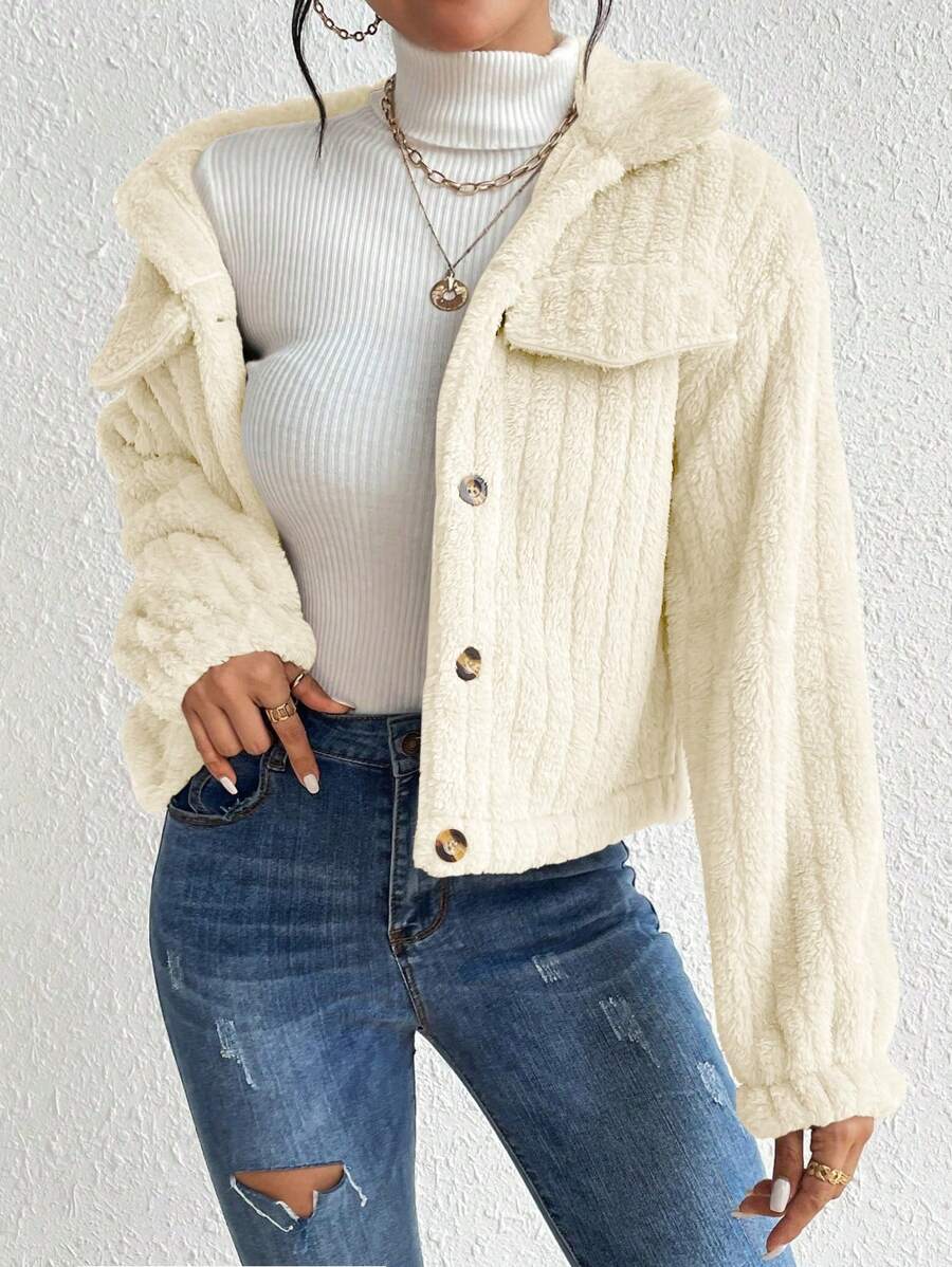 EMERY ROSE Flap Detail Fluffy Jacket Fall Winter Cloth For Women