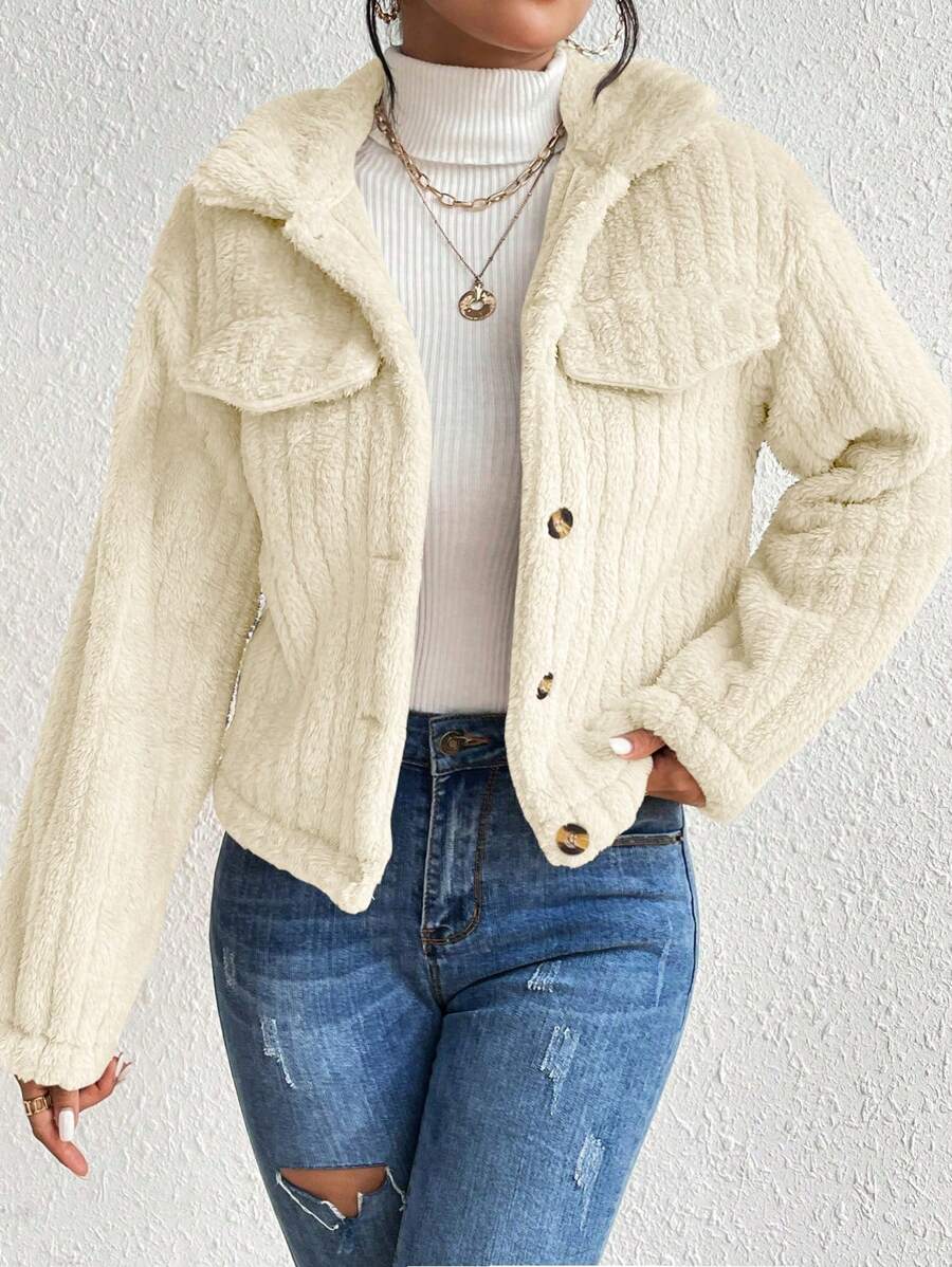 EMERY ROSE Flap Detail Fluffy Jacket Fall Winter Cloth For Women