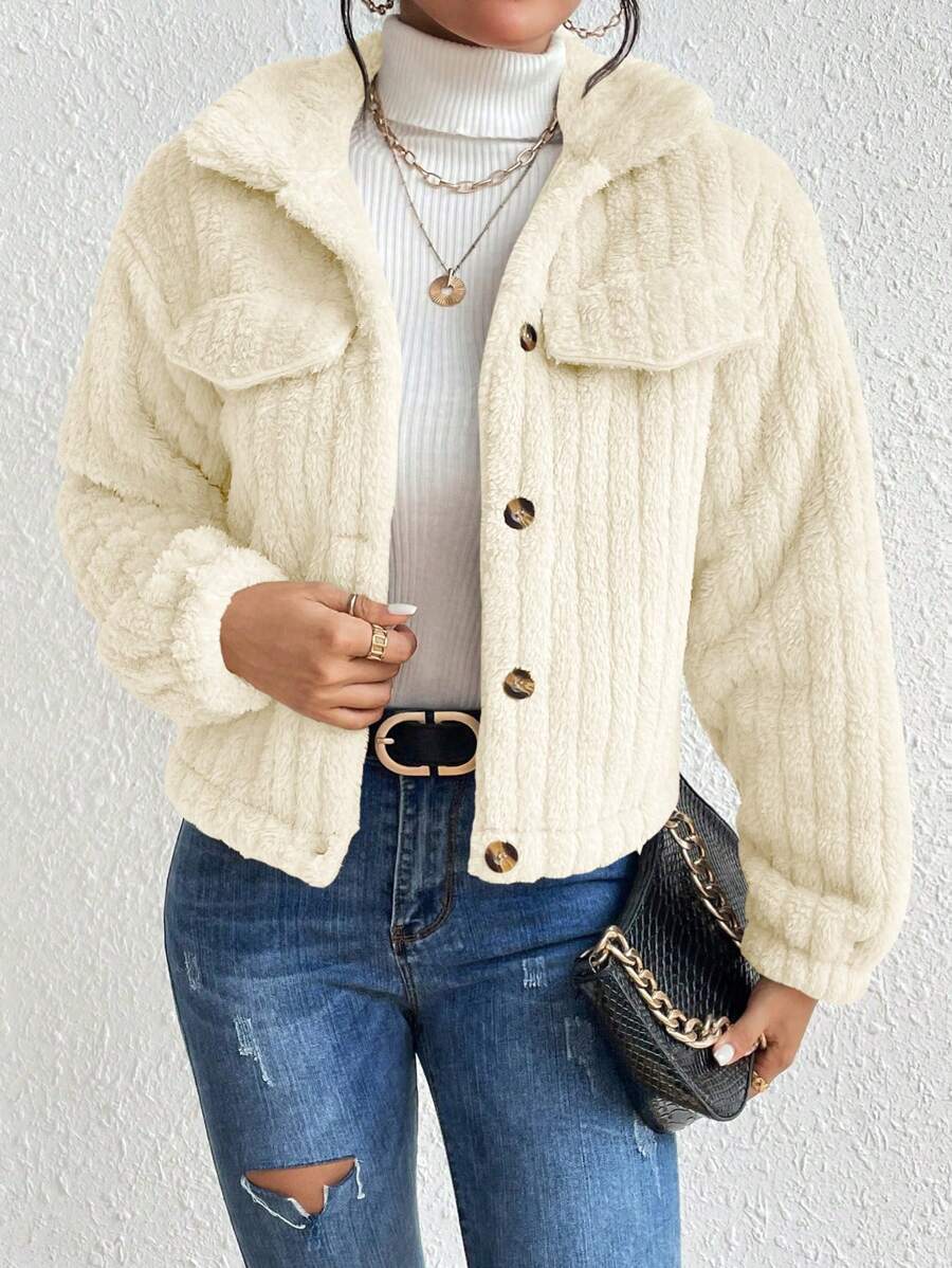 EMERY ROSE Flap Detail Fluffy Jacket Fall Winter Cloth For Women