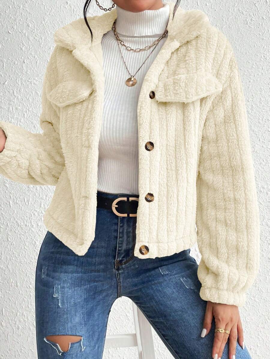 EMERY ROSE Flap Detail Fluffy Jacket Fall Winter Cloth For Women