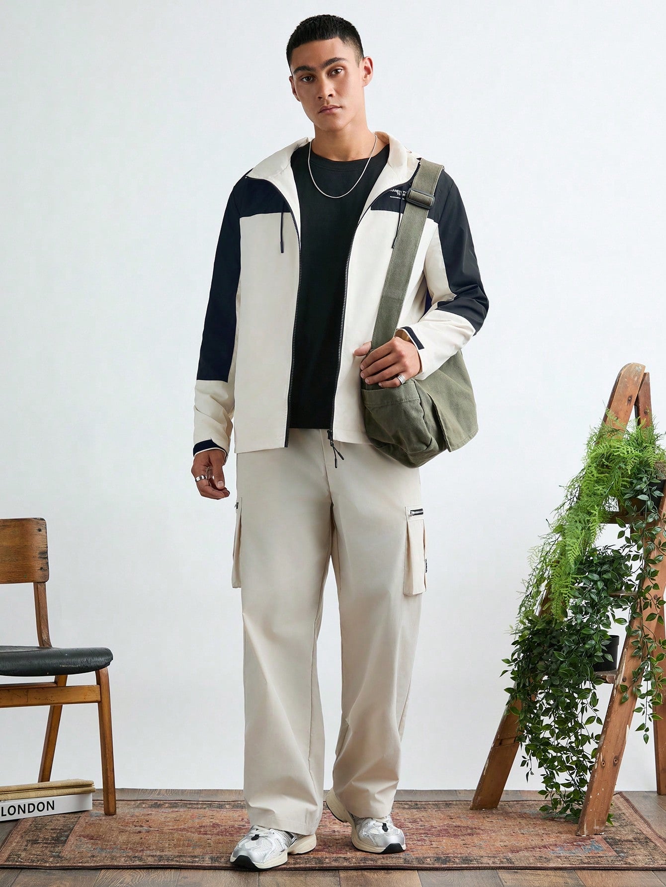 Manfinity VCAY Men's Casual Fashion Windbreaker Patchwork Loose Fit Long Sleeve Open Front Jacket