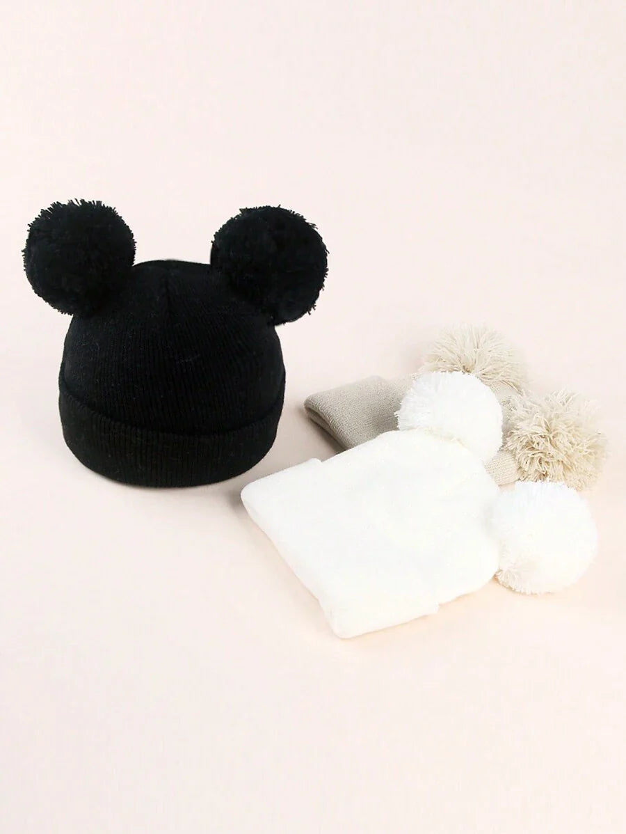 3pcs Infant Toddler Kids Knitted Double Pom-Pom Ear Ion Beanies, Thin