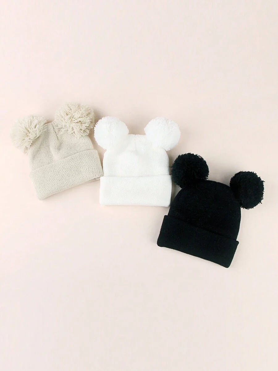 3pcs Infant Toddler Kids Knitted Double Pom-Pom Ear Ion Beanies, Thin