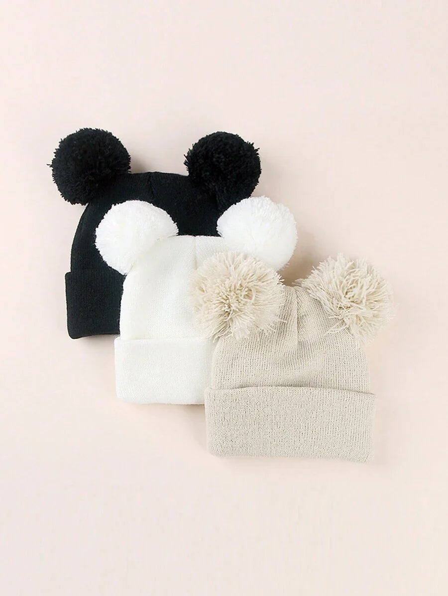 3pcs Infant Toddler Kids Knitted Double Pom-Pom Ear Ion Beanies, Thin
