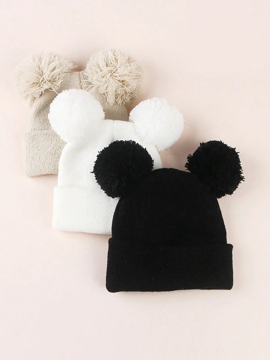 3pcs Infant Toddler Kids Knitted Double Pom-Pom Ear Ion Beanies, Thin