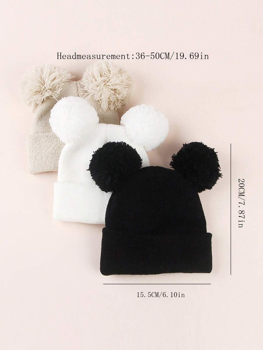 3pcs Infant Toddler Kids Knitted Double Pom-Pom Ear Ion Beanies, Thin