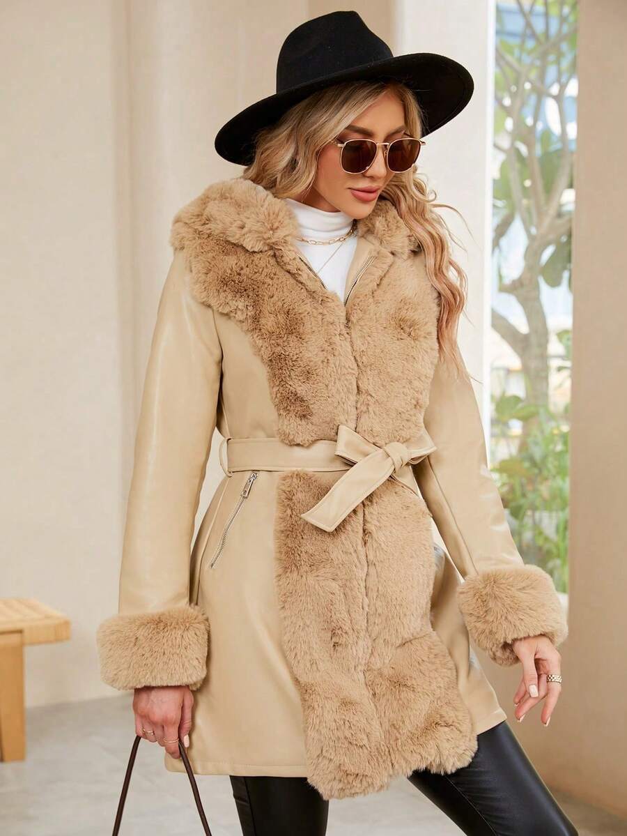 Giolshon Women's PU Jacket With Faux Fur And Belt - Perfect For Fall And Winter, And Stylish With Waist Tie For Casual Or Work Commute