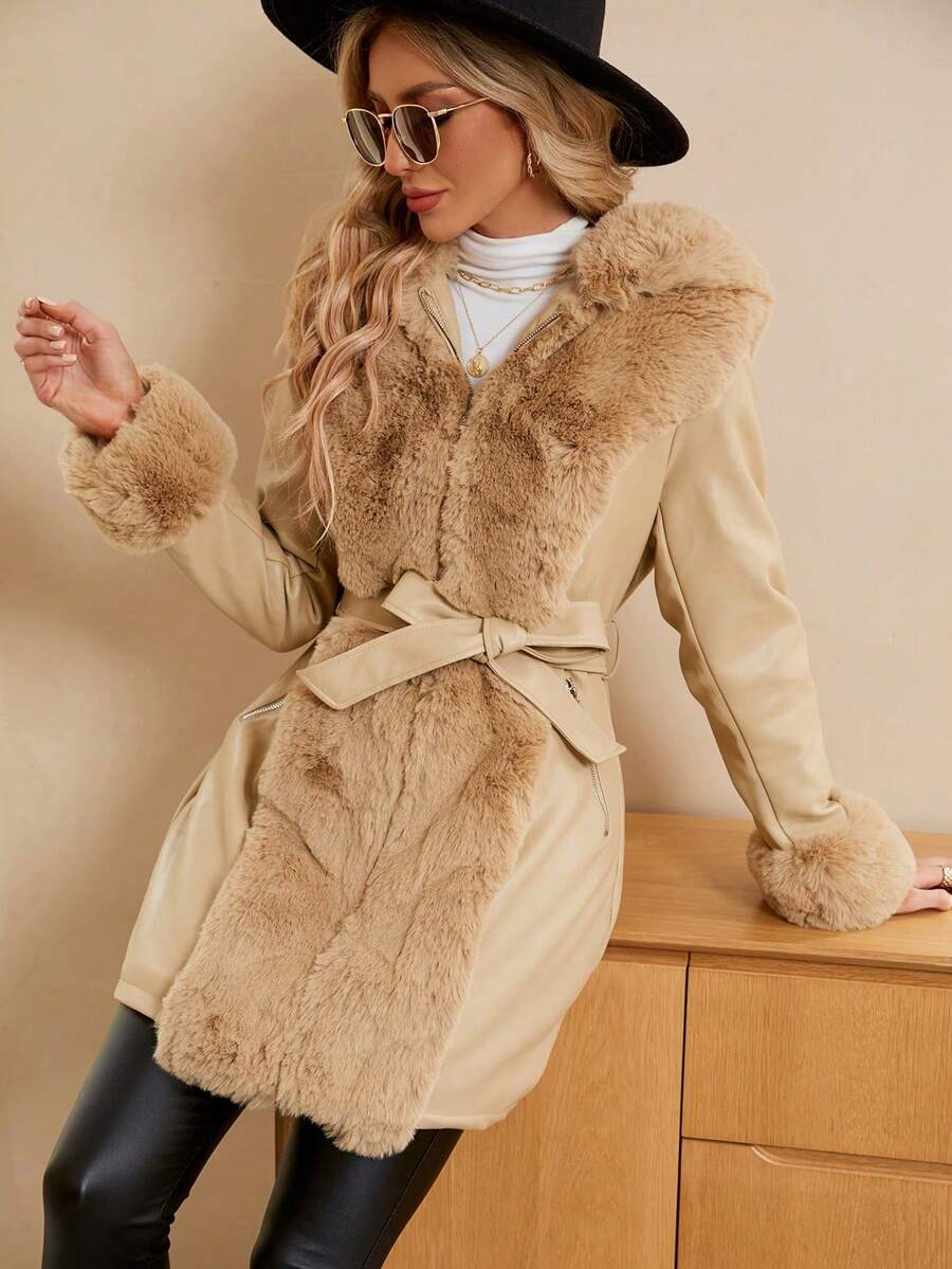 Giolshon Women's PU Jacket With Faux Fur And Belt - Perfect For Fall And Winter, And Stylish With Waist Tie For Casual Or Work Commute