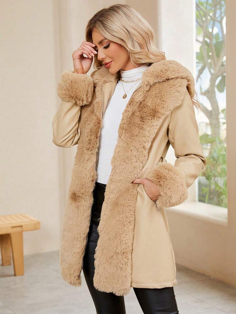 Giolshon Women's PU Jacket With Faux Fur And Belt - Perfect For Fall And Winter, And Stylish With Waist Tie For Casual Or Work Commute