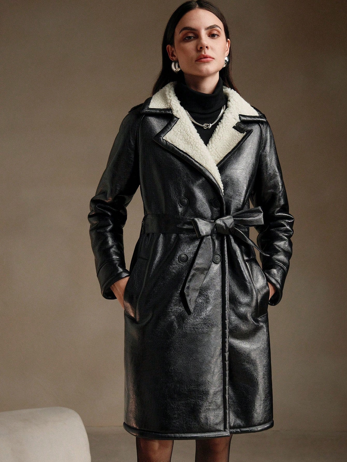 Anewsta Women Color-Block Turndown Collar Aviator Jacket With Belt