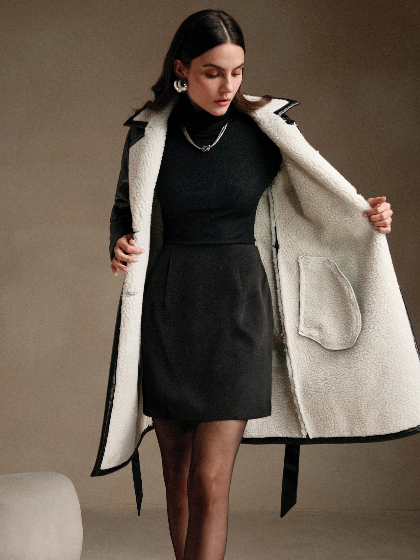 Anewsta Women Color-Block Turndown Collar Aviator Jacket With Belt