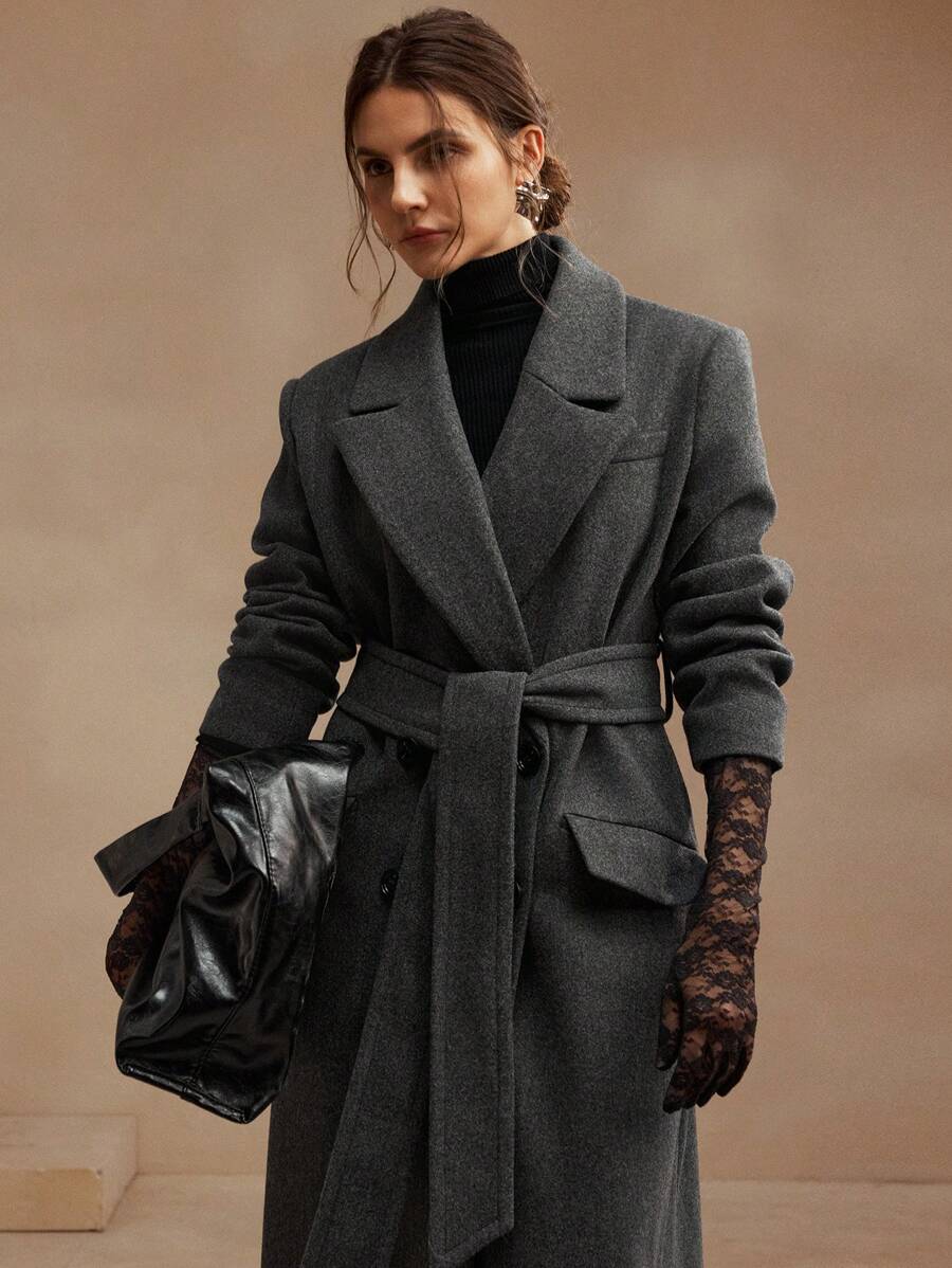 Anewsta Women's Khaki Long Belted Overcoat With Lapel Collar