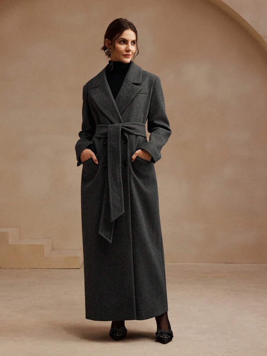 Anewsta Women's Khaki Long Belted Overcoat With Lapel Collar