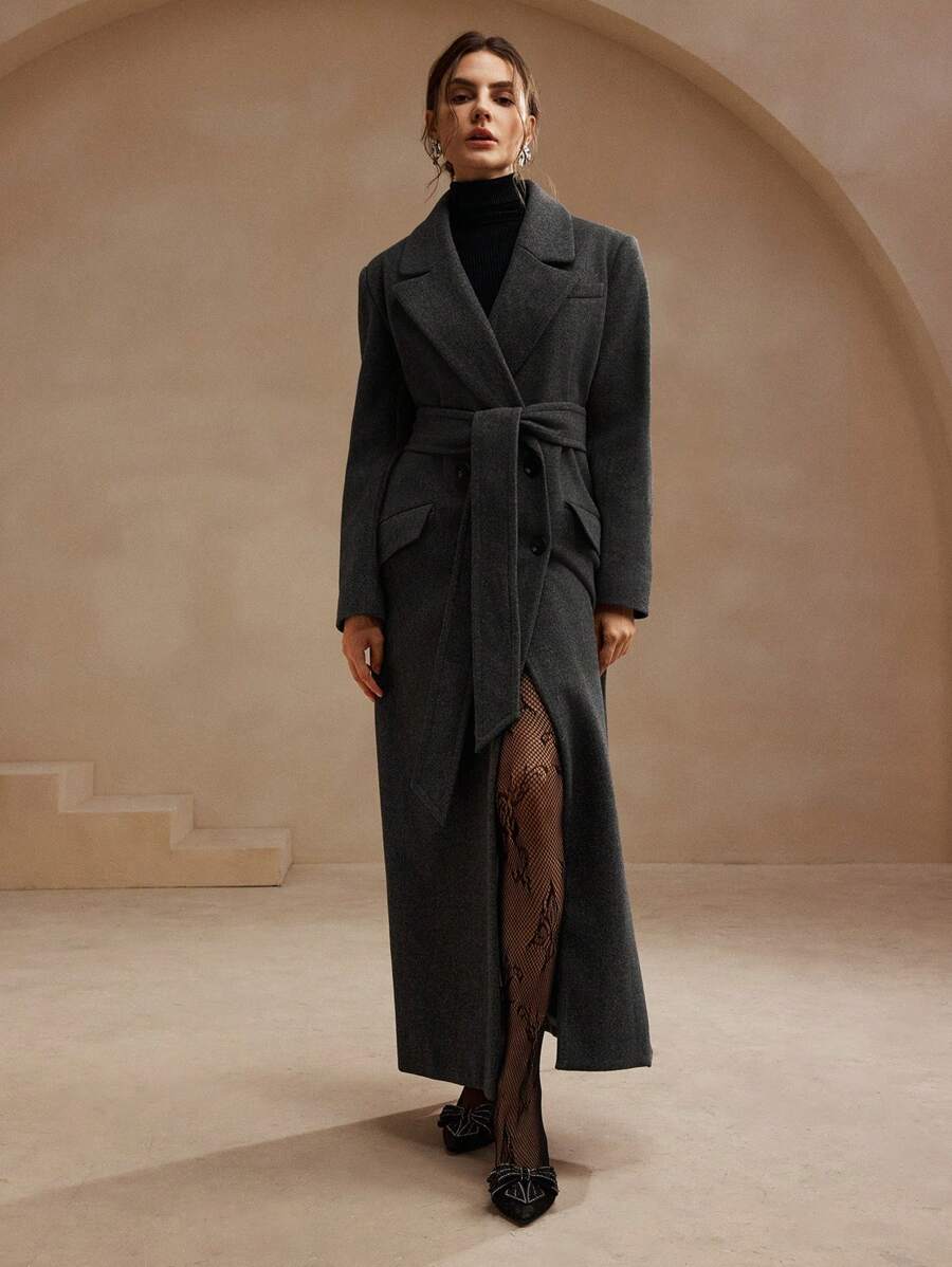 Anewsta Women's Khaki Long Belted Overcoat With Lapel Collar