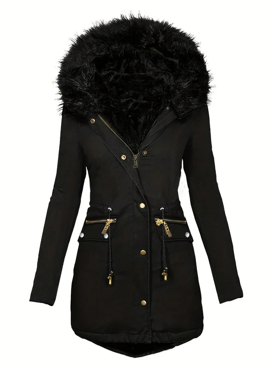 Women Winter Coat Long Sleeve Fluffy Hood Fall Button Down Long Coats Casual Fleece Linning Warm Thermal Jackets With Pockets Black