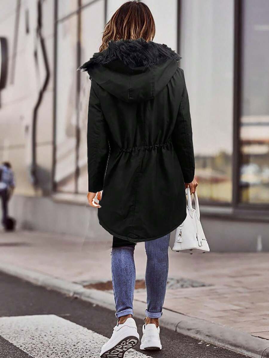 Women Winter Coat Long Sleeve Fluffy Hood Fall Button Down Long Coats Casual Fleece Linning Warm Thermal Jackets With Pockets Black