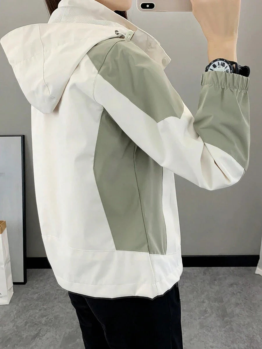 Women Color Block Spring And Autumn Windbreaker, Sports Outdoor Windproof Waterproof Running Lightweight Breathable Mountaineering Jacket With Long Sleeves