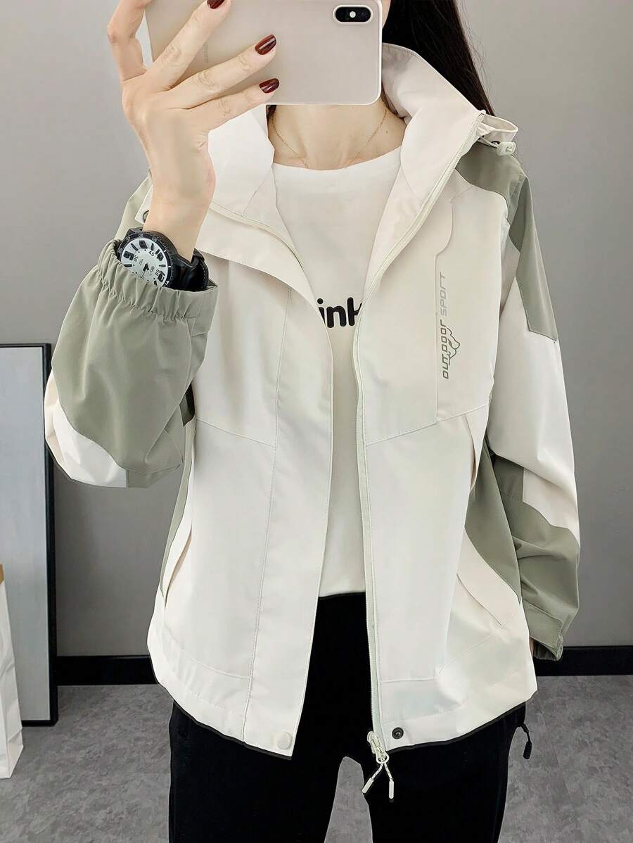 Women Color Block Spring And Autumn Windbreaker, Sports Outdoor Windproof Waterproof Running Lightweight Breathable Mountaineering Jacket With Long Sleeves