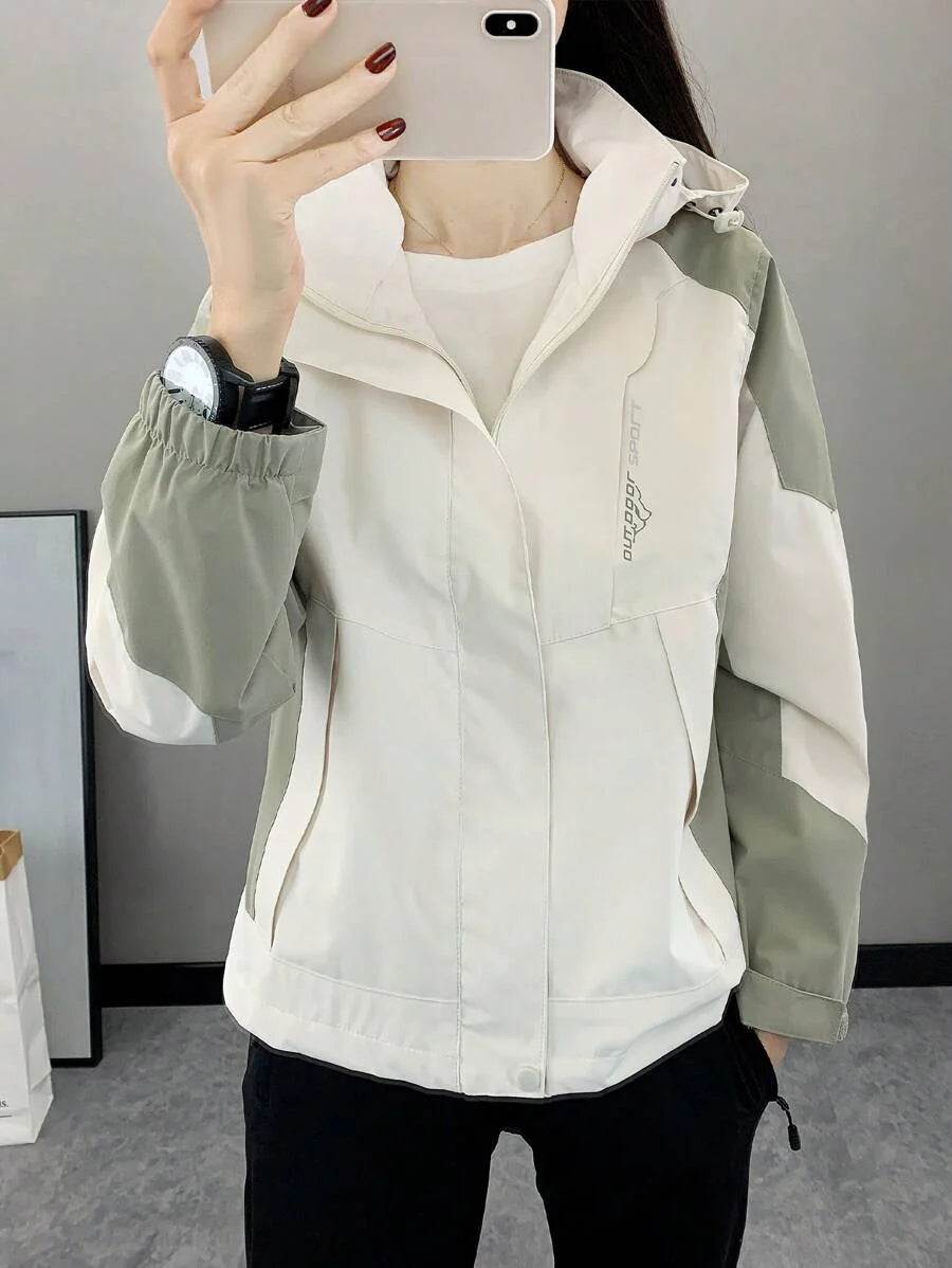 Women Color Block Spring And Autumn Windbreaker, Sports Outdoor Windproof Waterproof Running Lightweight Breathable Mountaineering Jacket With Long Sleeves