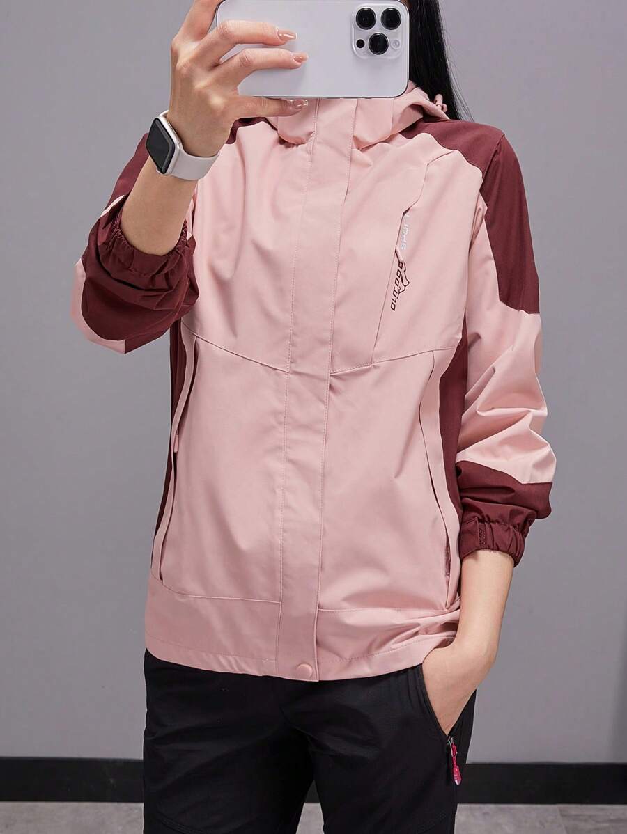 Women Color Block Spring And Autumn Windbreaker, Sports Outdoor Windproof Waterproof Running Lightweight Breathable Mountaineering Jacket With Long Sleeves