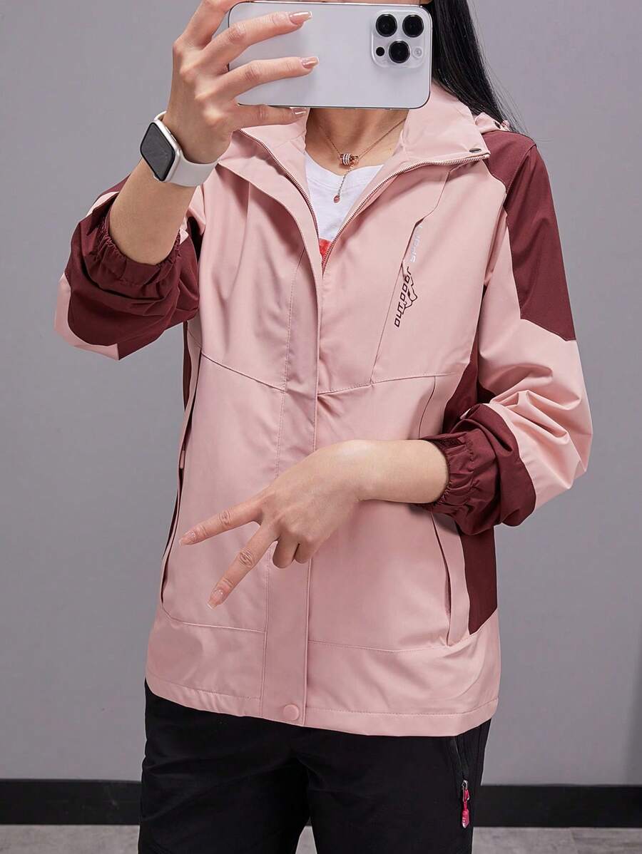 Women Color Block Spring And Autumn Windbreaker, Sports Outdoor Windproof Waterproof Running Lightweight Breathable Mountaineering Jacket With Long Sleeves