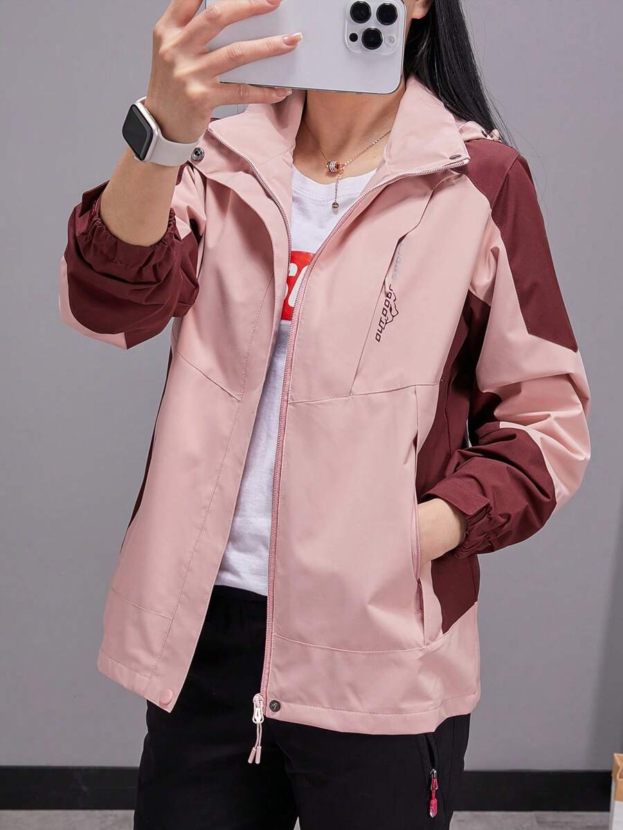 Women Color Block Spring And Autumn Windbreaker, Sports Outdoor Windproof Waterproof Running Lightweight Breathable Mountaineering Jacket With Long Sleeves