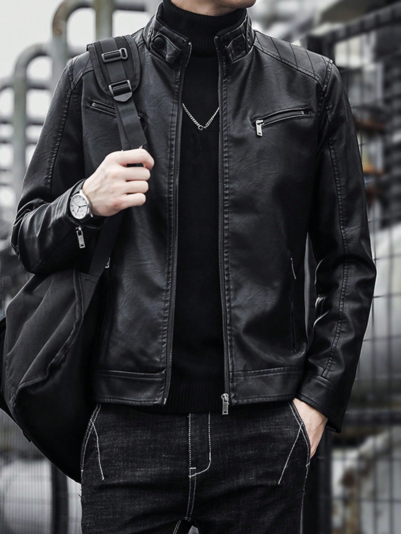 1pc Men's Leather Motorcycle Jacket, Suitable For Outdoor Spring And Autumn