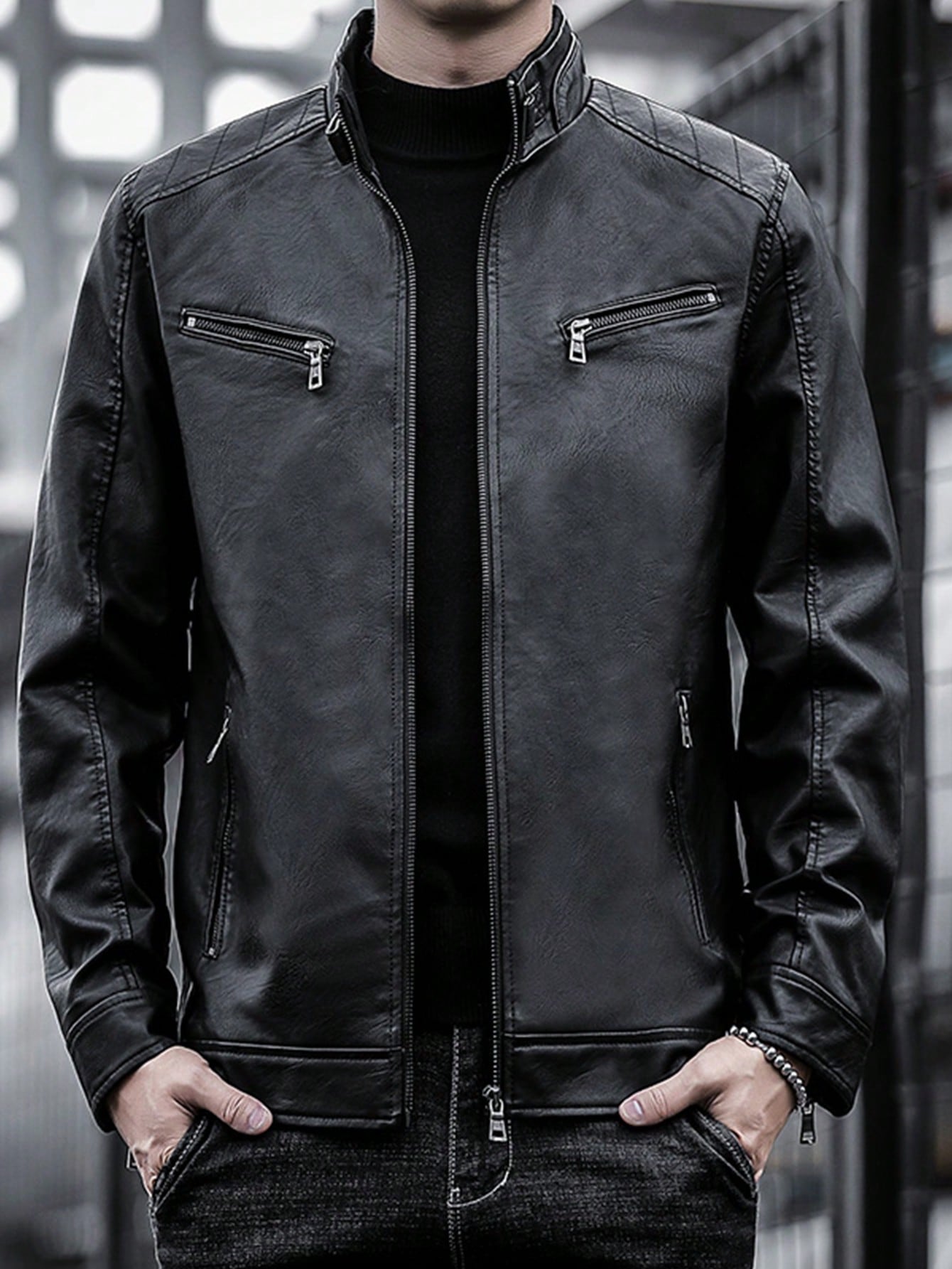 1pc Men's Leather Motorcycle Jacket, Suitable For Outdoor Spring And Autumn