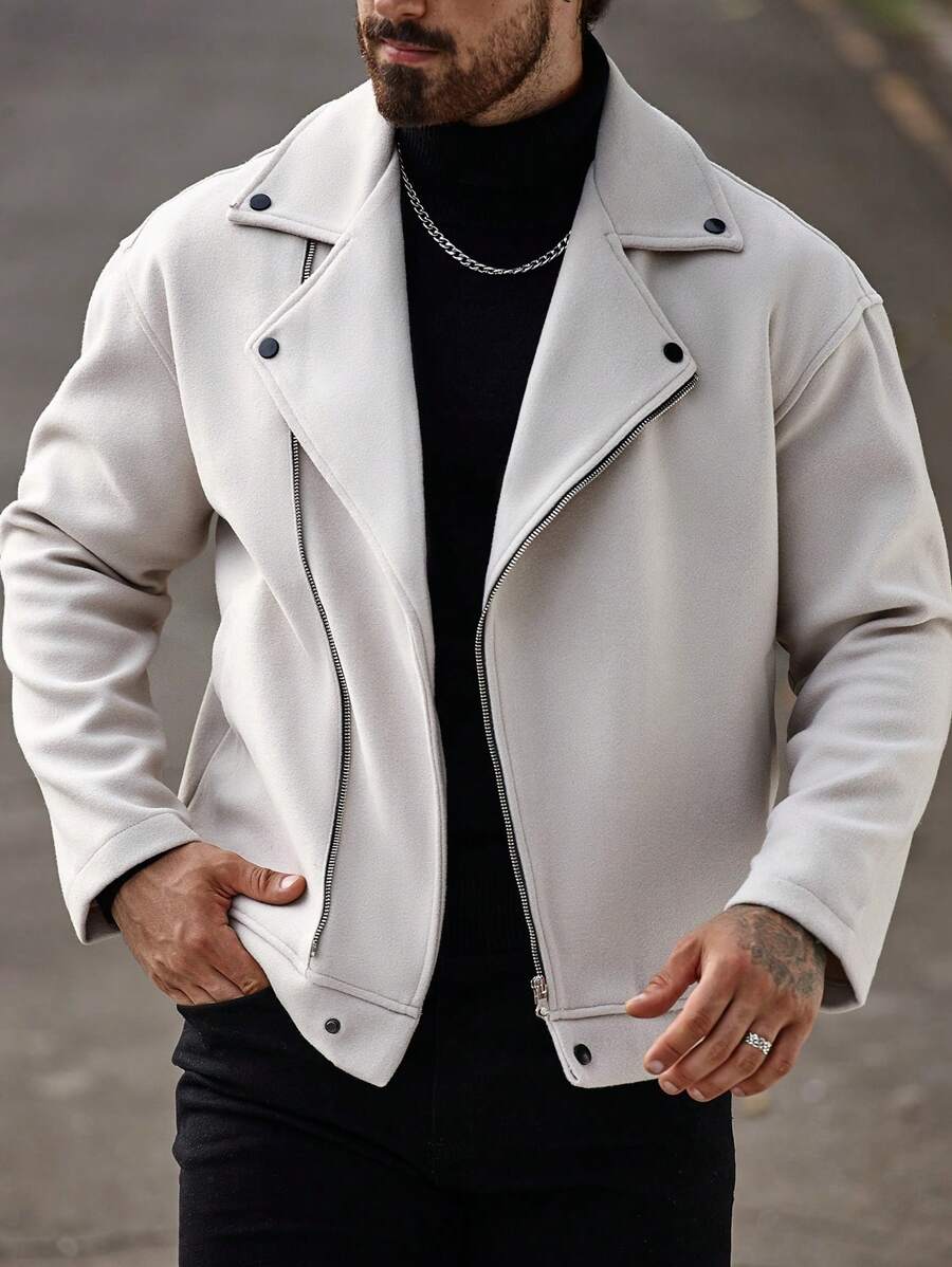 Manfinity Homme Men's Front Zipper Long Sleeve Minimalist Jacket, Casual Daily Wear